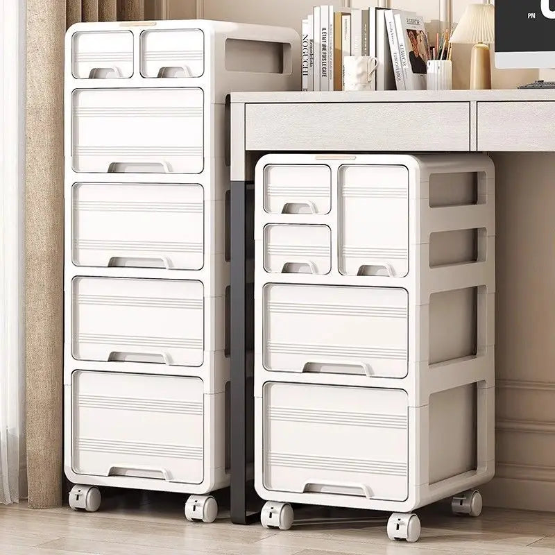 meuble tiroirs rangement moderne beige clair mat poignées roulettes mobile organisateur papier classeurs