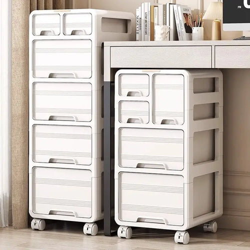 meuble tiroirs rangement moderne beige clair mat poignées roulettes mobile organisateur papier classeurs