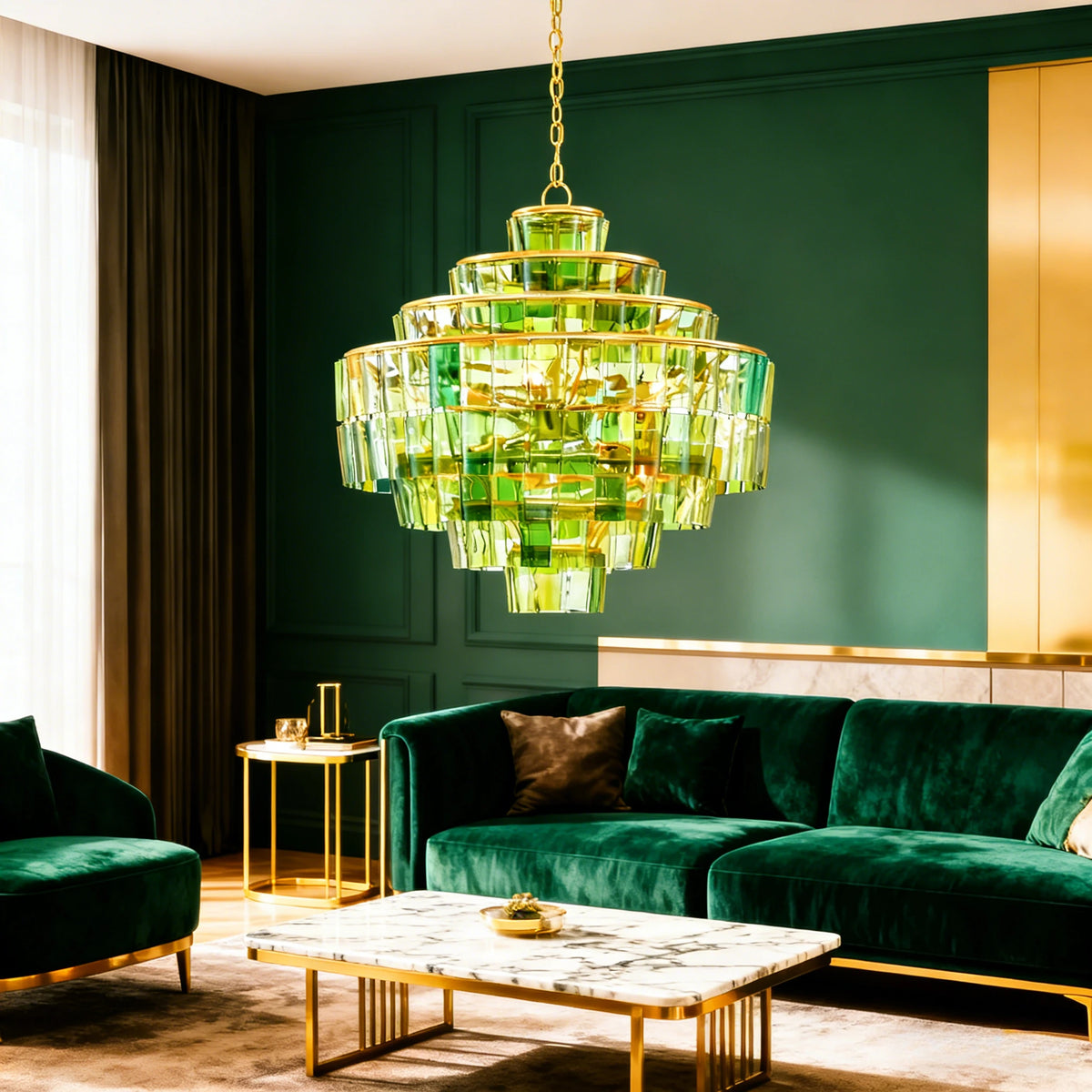 lustre moderne géométrique vert doré blanc transparent chambre salon