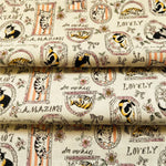 tissu imprimé chats cadres fleurs vintage romantique beige noir orange rose blanc