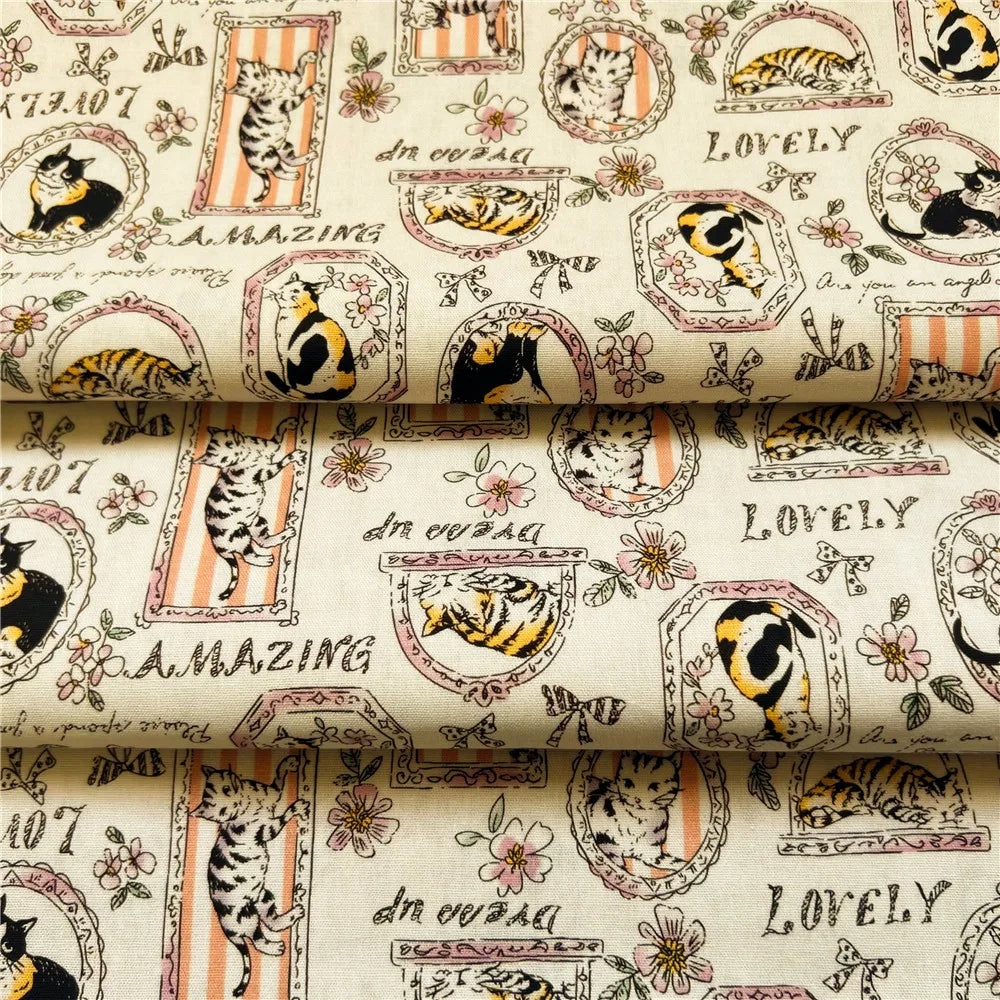tissu imprimé chats cadres fleurs vintage romantique beige noir orange rose blanc