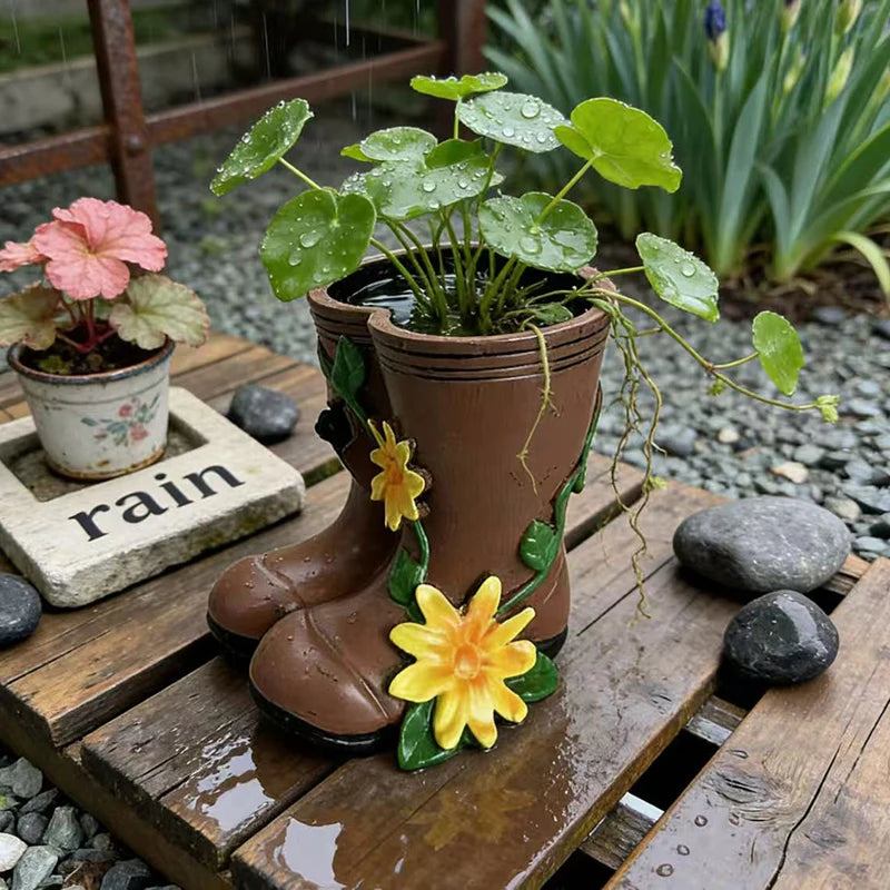 pots fleurs forme bottes pluie marron jaune vert relief rustique decoratif plantes verteextérieur