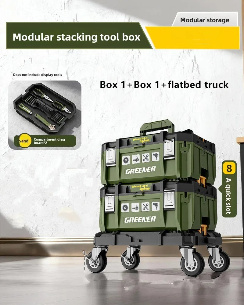 boîte outils modulaire pratique robuste vert olive mat poignées roulettes compartiments divisibles