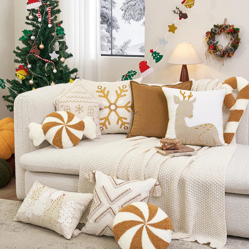 coussin blanc motif flocon doré texture épaisse décoratif noël fixations