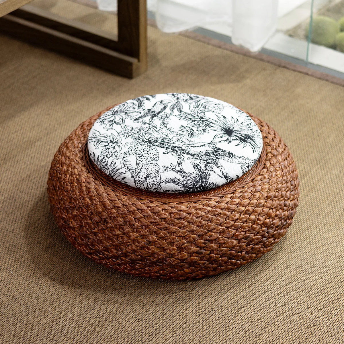coussin sol rustique tissé floral anti décubitus coton paille meditation relaxation salon