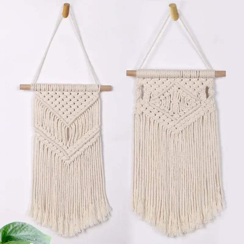tapisserie macramé boho chic beige motifs géométriques franges moderne suspension maison