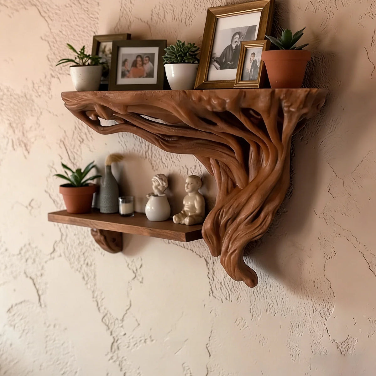 étagère murale marron clair sculptée tronc arbre texture naturelle rustique fixations