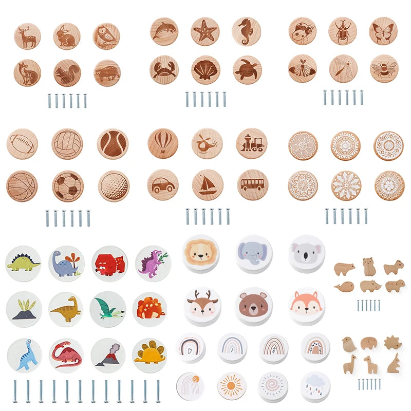 boutons tiroir animaux motifs modernes cartoon vis fixés blanc beige marron gris rose bleu