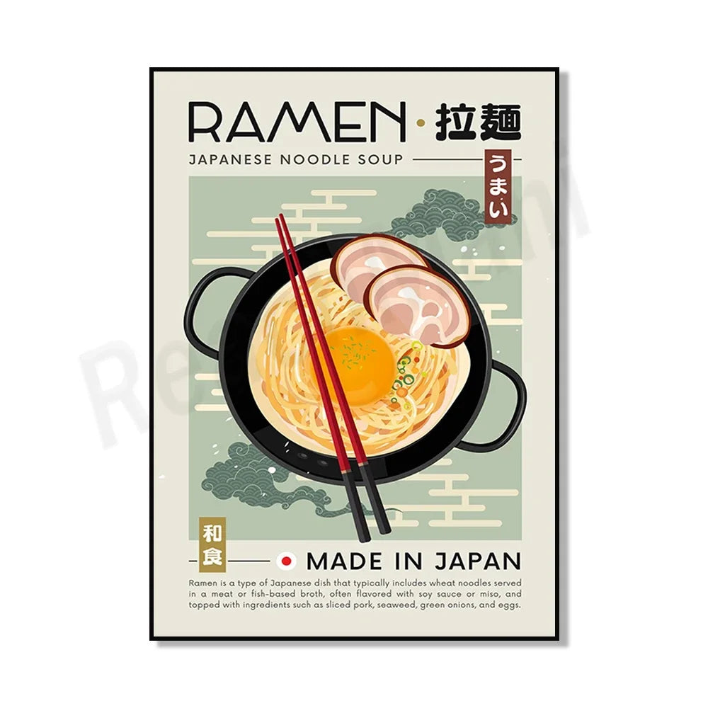 Délicieuse soupe de nouilles japonaise Ramen, servie dans un bol traditionnel avec des baguettes rouges et des ingrédients tels que des tranches de porc, des oeufs et des légumes verts. Cette illustration présente un plat savoureux et authentique de la cuisine japonaise.