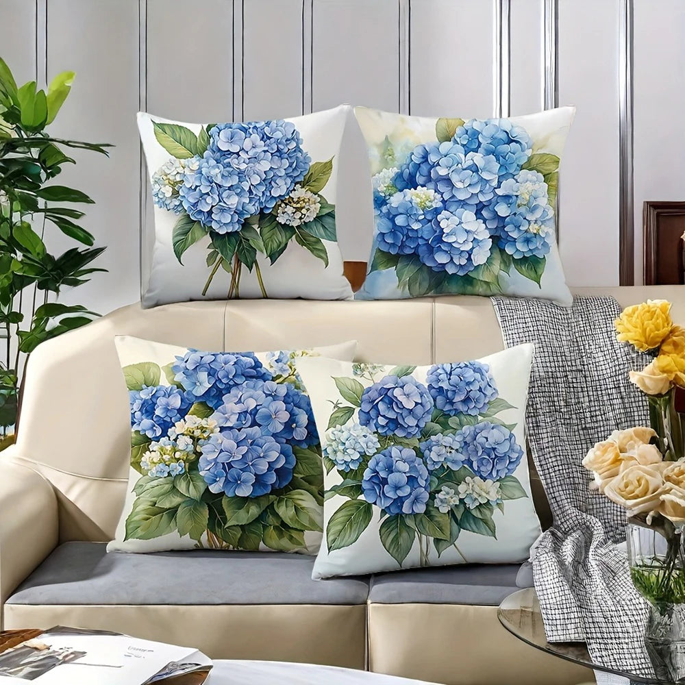housse coussin fleurs hydrangeas bleu blanc vert classique 45x45cm zipper cache