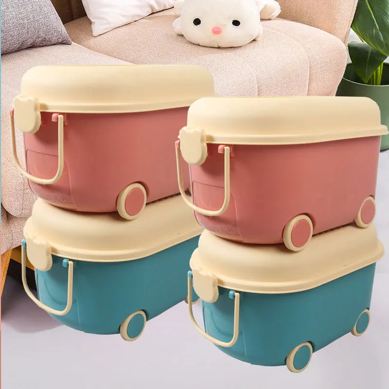 boîte rangement jouets bleu beige réutilisable texture grille moderne pratique poignées respectueuse environnement