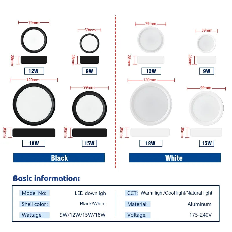 éclairage led spot blanc noir moderne 12w 15w 18w 9w 220v vis aluminium