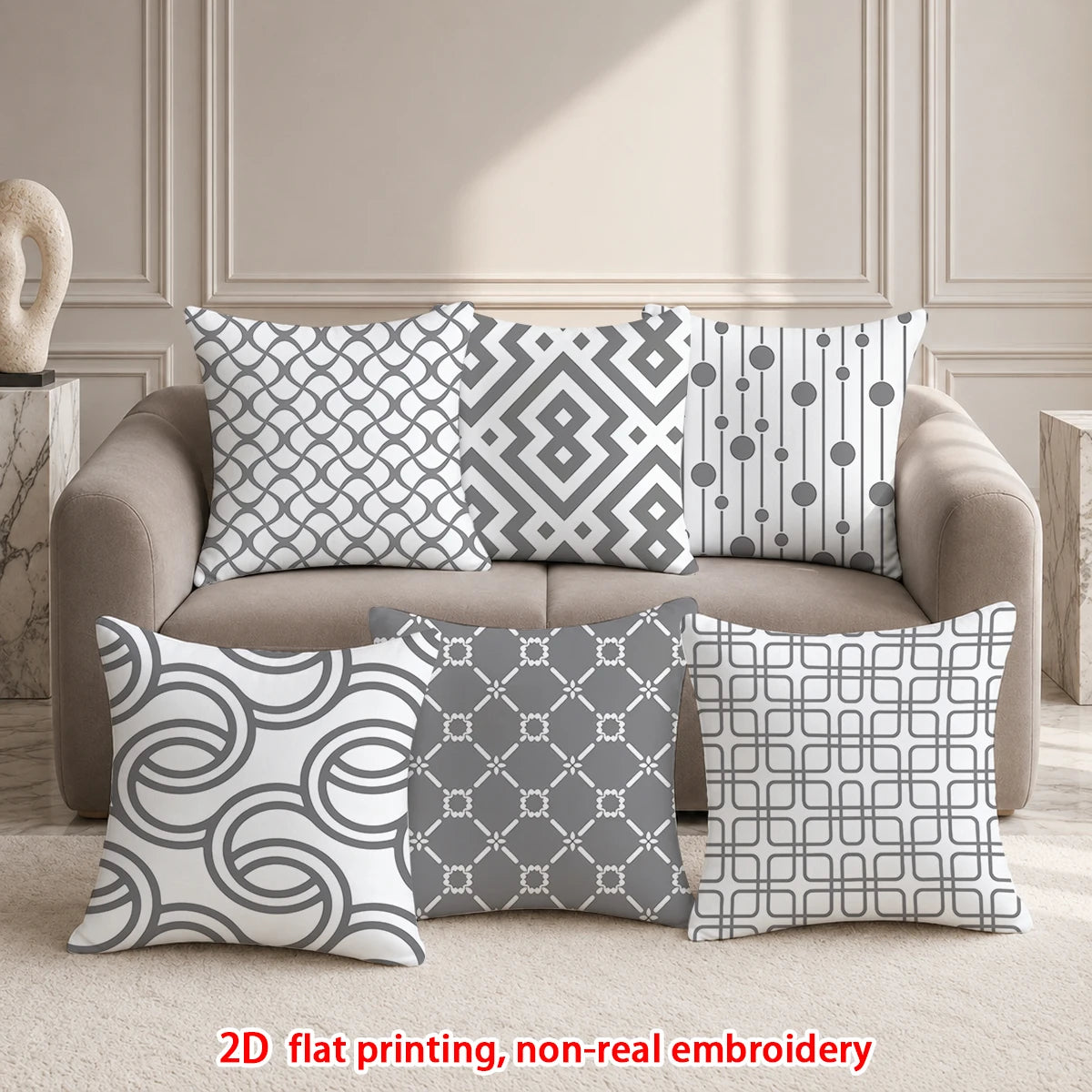 lot housses coussin rectangulaires motifs géométriques gris blanc salon moderne