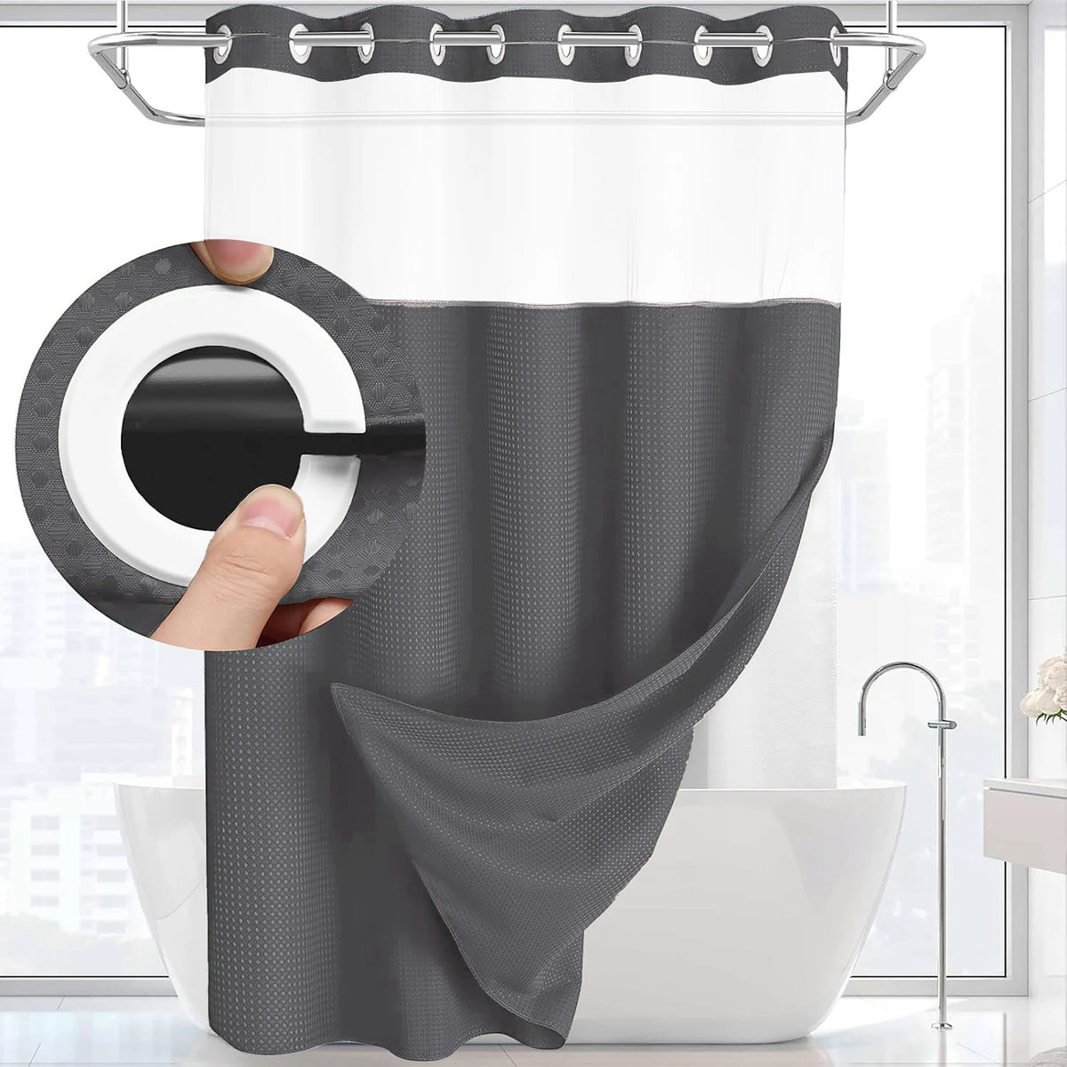 rideau douche moderne noir gris clair texture relief aimants lestés liner intégré tissu opaque