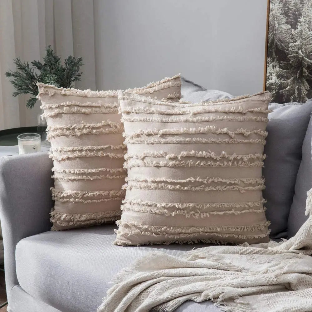 taies d'oreiller coton rayées beige clair 30x50cm 45x45cm boho chic ornemental voiture maison