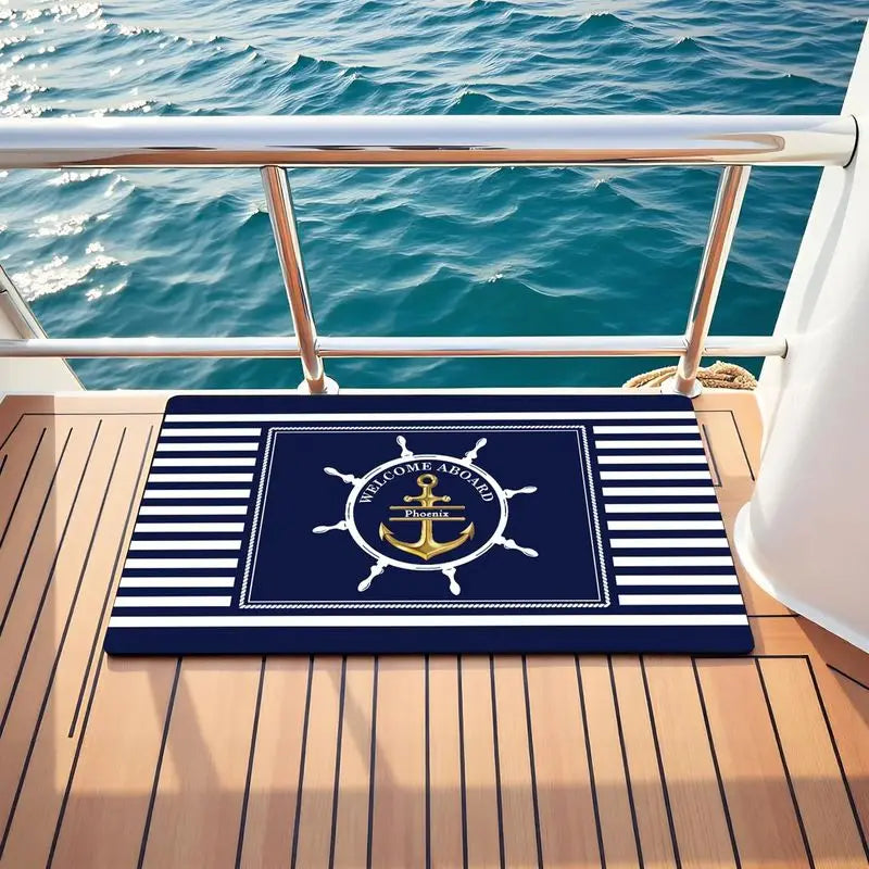 tapis nautique rayures bleu marine blanches ancre navigation bienvenue jours ensoleillés entrée moderne résistant