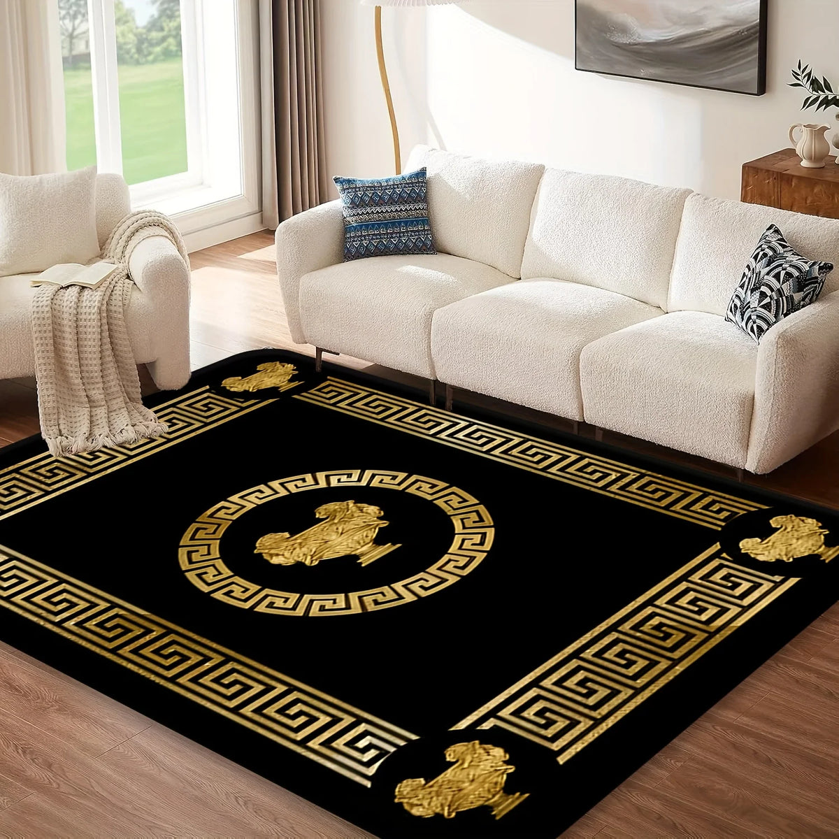 tapis géométrique doré coq or noir polyestère salon chambre élégant classique