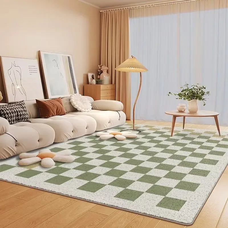 Ce salon chaleureux et moderne met en avant un motif de carreaux décoratifs, des meubles confortables et une décoration élégante, créant une ambiance accueillante et harmonieuse.