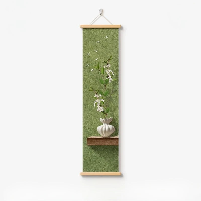 cadre mural suspendu paysage japonais fleurs blanches branches vertes oiseau noir texte chinois verte