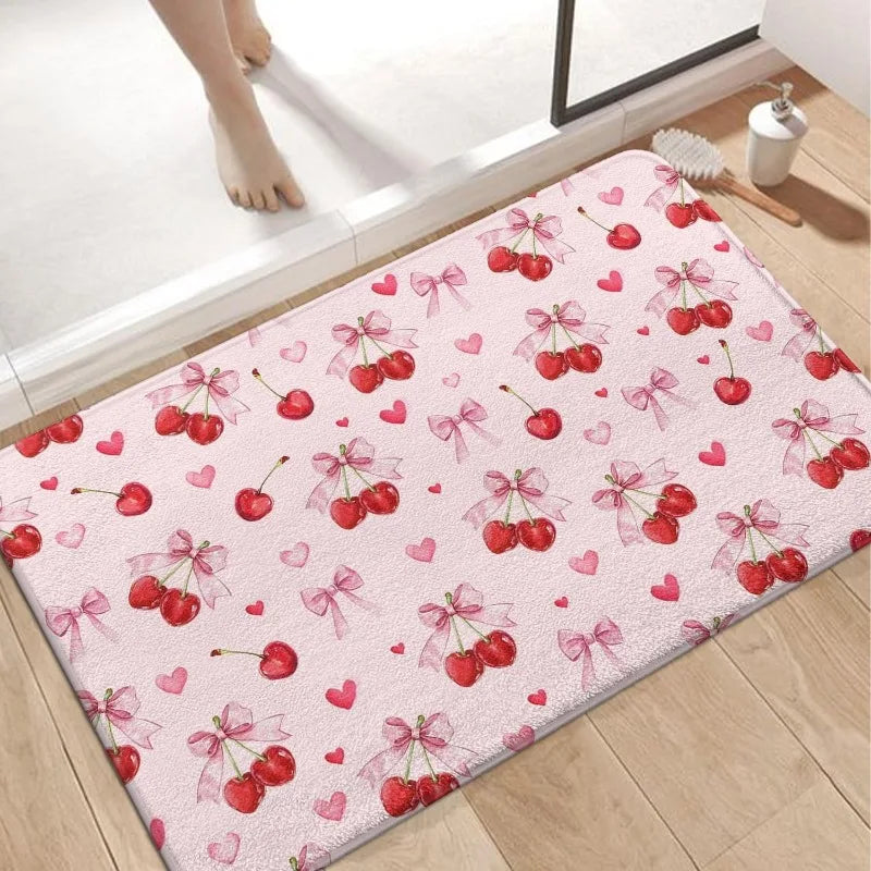tapis sol moderne fraises cerises rubans coeurs rose antidérapant résistant extérieur salon
