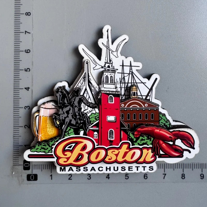 aimants réfrigérateur boston souvenirs multicolores buildings bateau homard bière drapeau américain