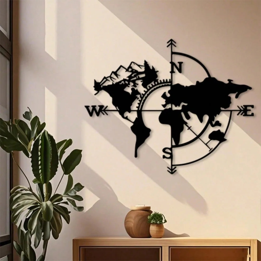 carte monde boussole relief montagnes noir moderne décoration murale minimalistes lignes navigations