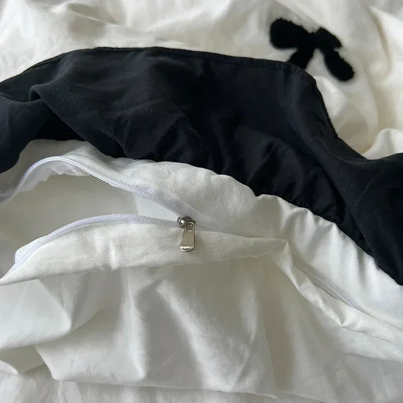 ensemble literie housse couverture taies nœuds noirs volants blancs filles doux