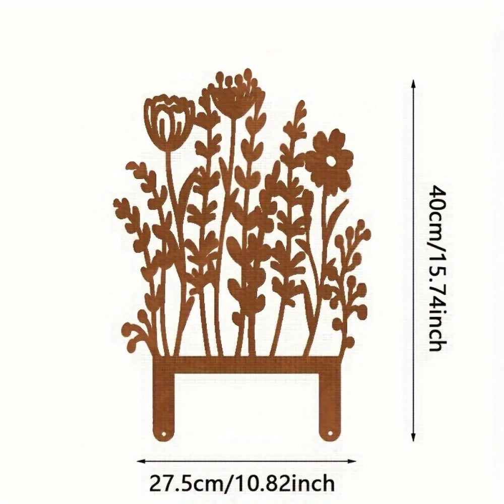 figurine sorcier artisanal fleurs oiseaux motif floral décoration extérieure jardin murale ornement métal orange