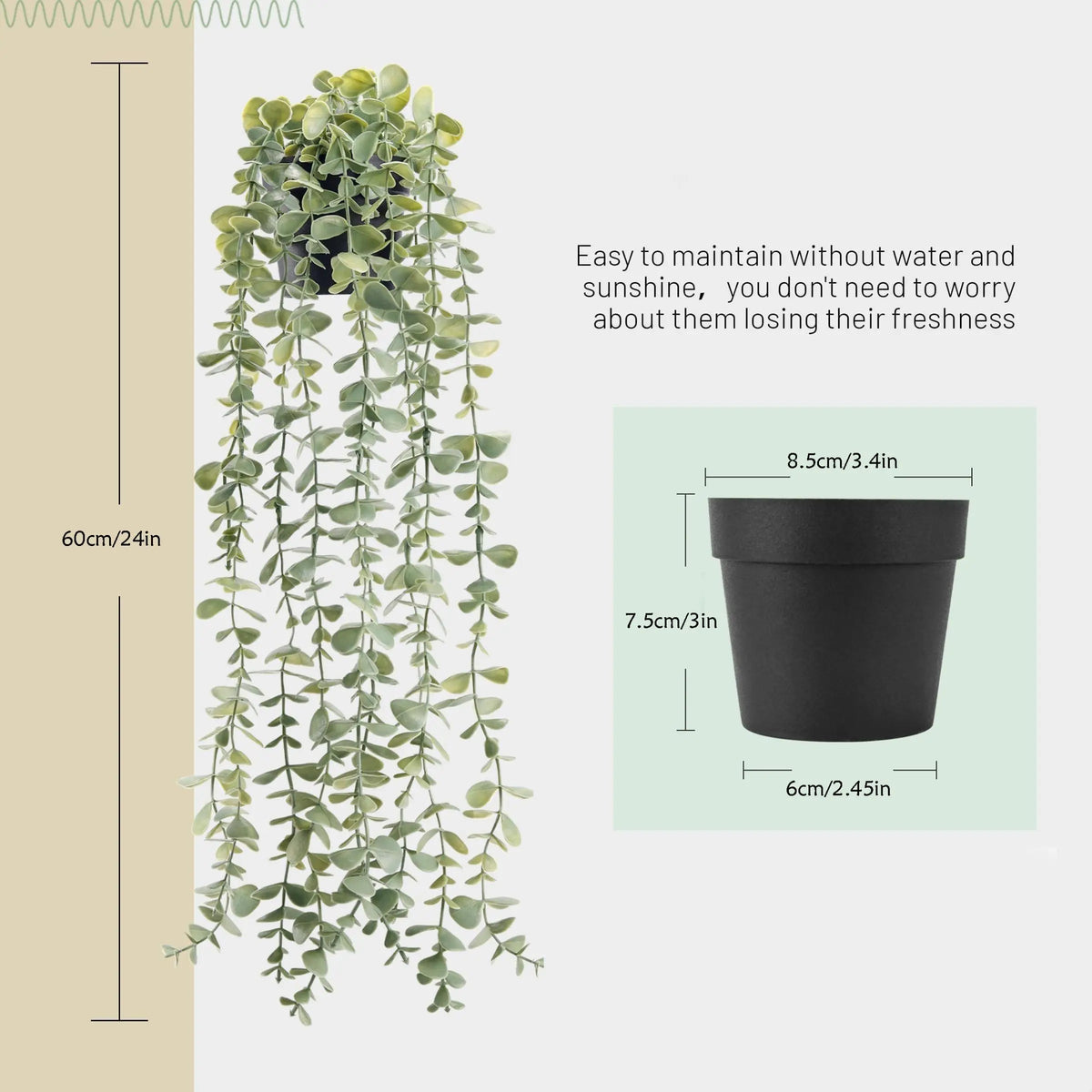 plante artificielle suspendue pot noir feuilles vertes minimaliste décoration intérieure bohème vintage farmhouse