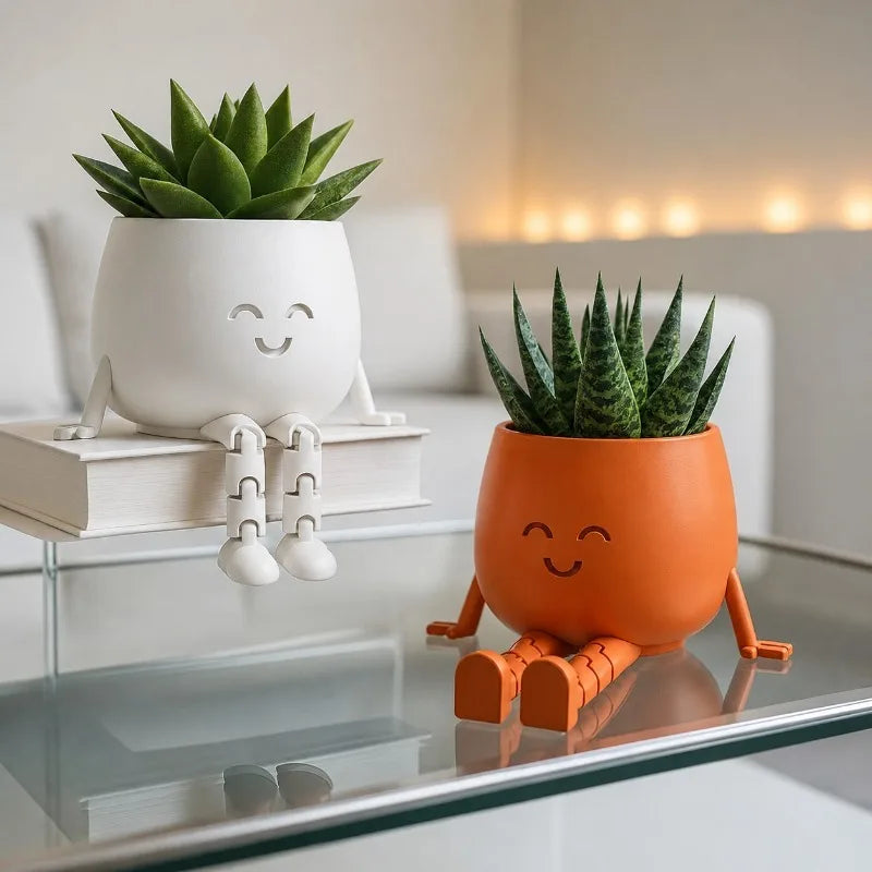 cache pot visage souriant rouge blanc noir plantes succulentes moderne articulation flexible décoration mignonne