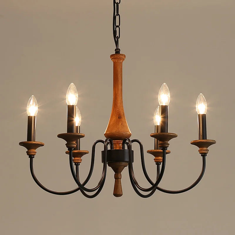 lustre bois vintage noir ampoules e14 cinq bras salon chambre coucher rustique