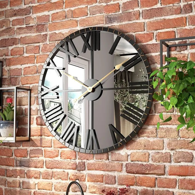 horloge murale vintage noir aiguilles romaines métal silencieuse mur salon entrée
