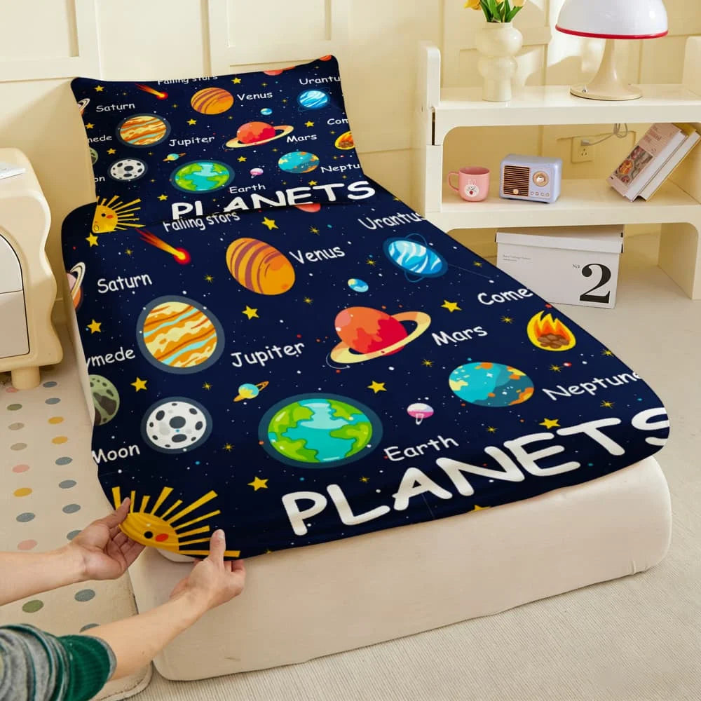 drap plat bleu foncé planètes earth mars coton polyester lit enfant illustratif chambre