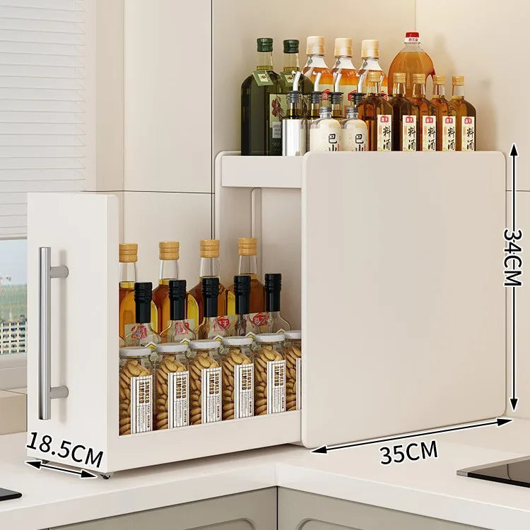 rangement cuisine blanc moderne cuillères bouteilles sauces épices poignées métalliques sans assemblage