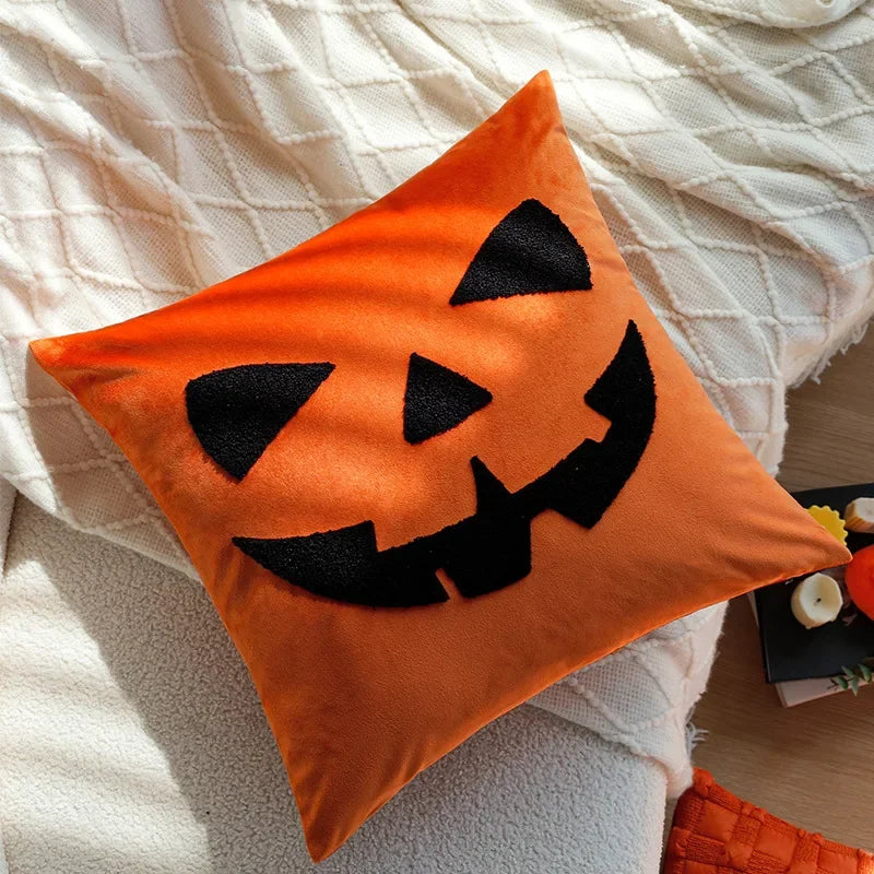 housse coussin carré halloween citrouille trick or treat polyester blanc orange moderne