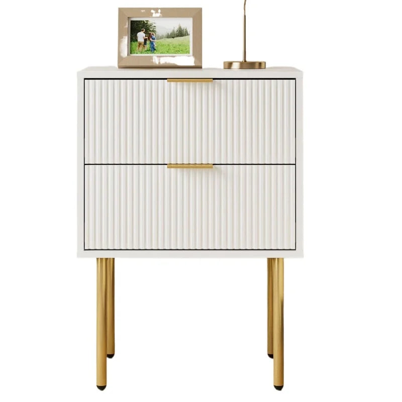 table nuit tiroirs moderne bois blanc doré rayures minimalistes chambre salon