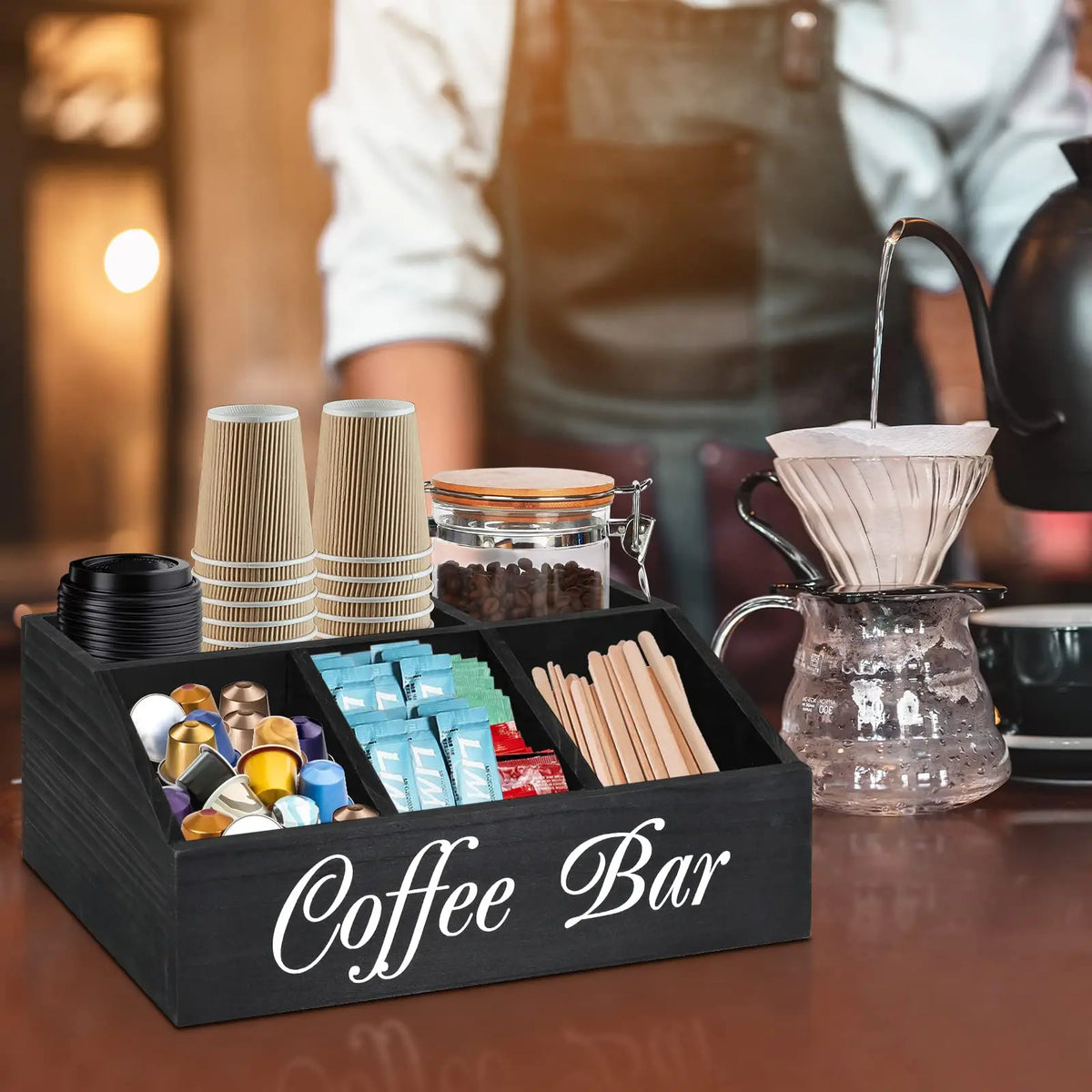 rangement rustique noir capsules sucre tasses jetables pailles bois organizer accessoires cuisine