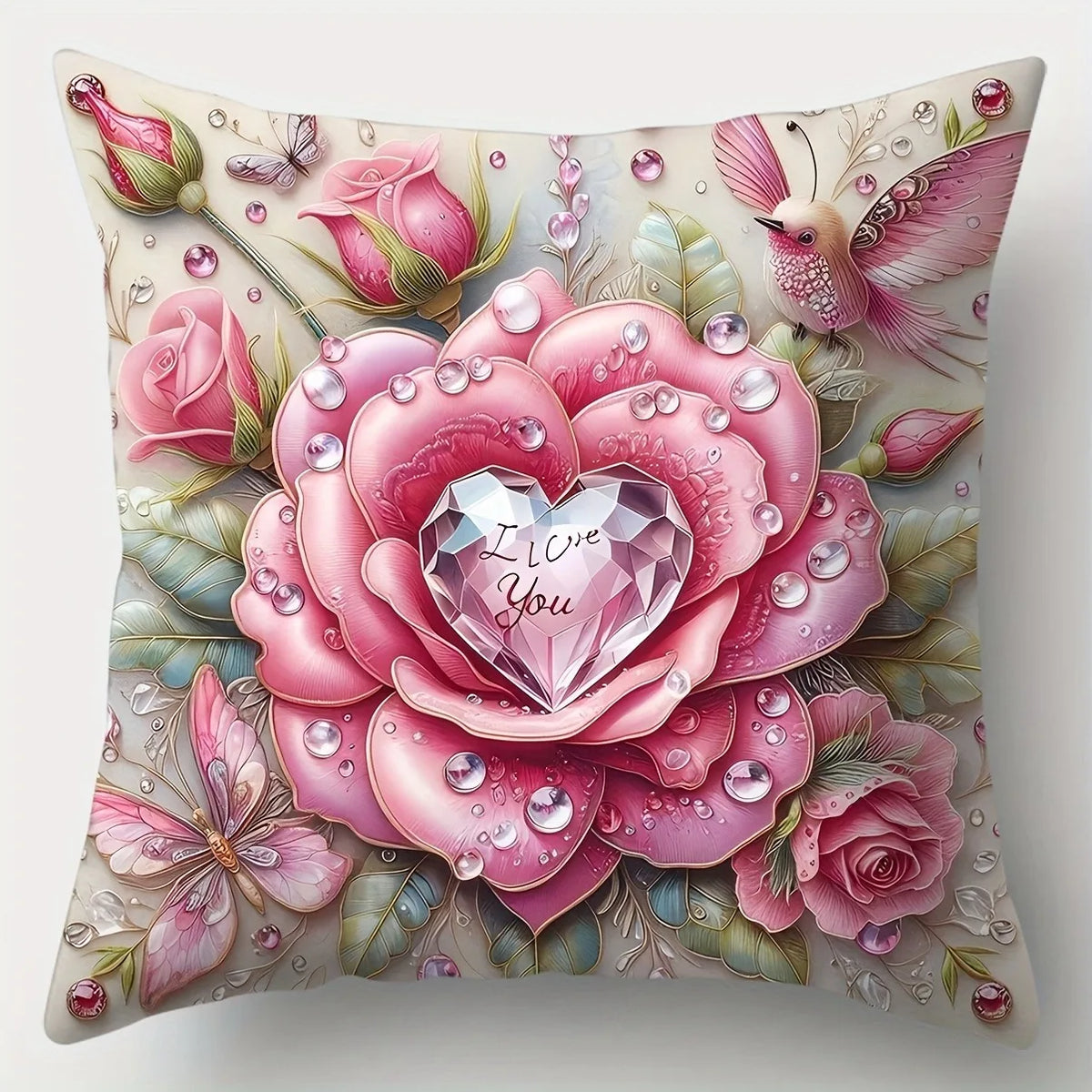 housse coussin polyester motif coeurs papillons rose beige romantique décoration maison lit salon voiture