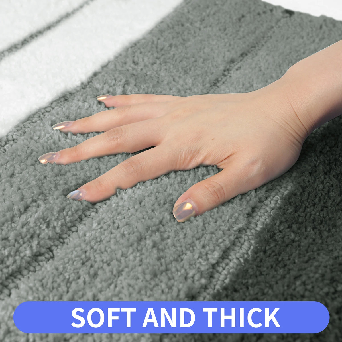 tapis bain ensemble deux pièces gris blanc noir rayé texture duveteuse moderne antidérapant respectueux