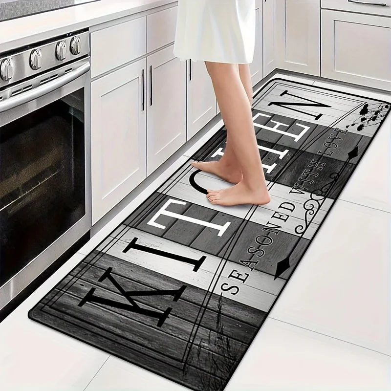 tapis cuisine imperméable anti dérapant lettres motifs floraux moderne gris blanc
