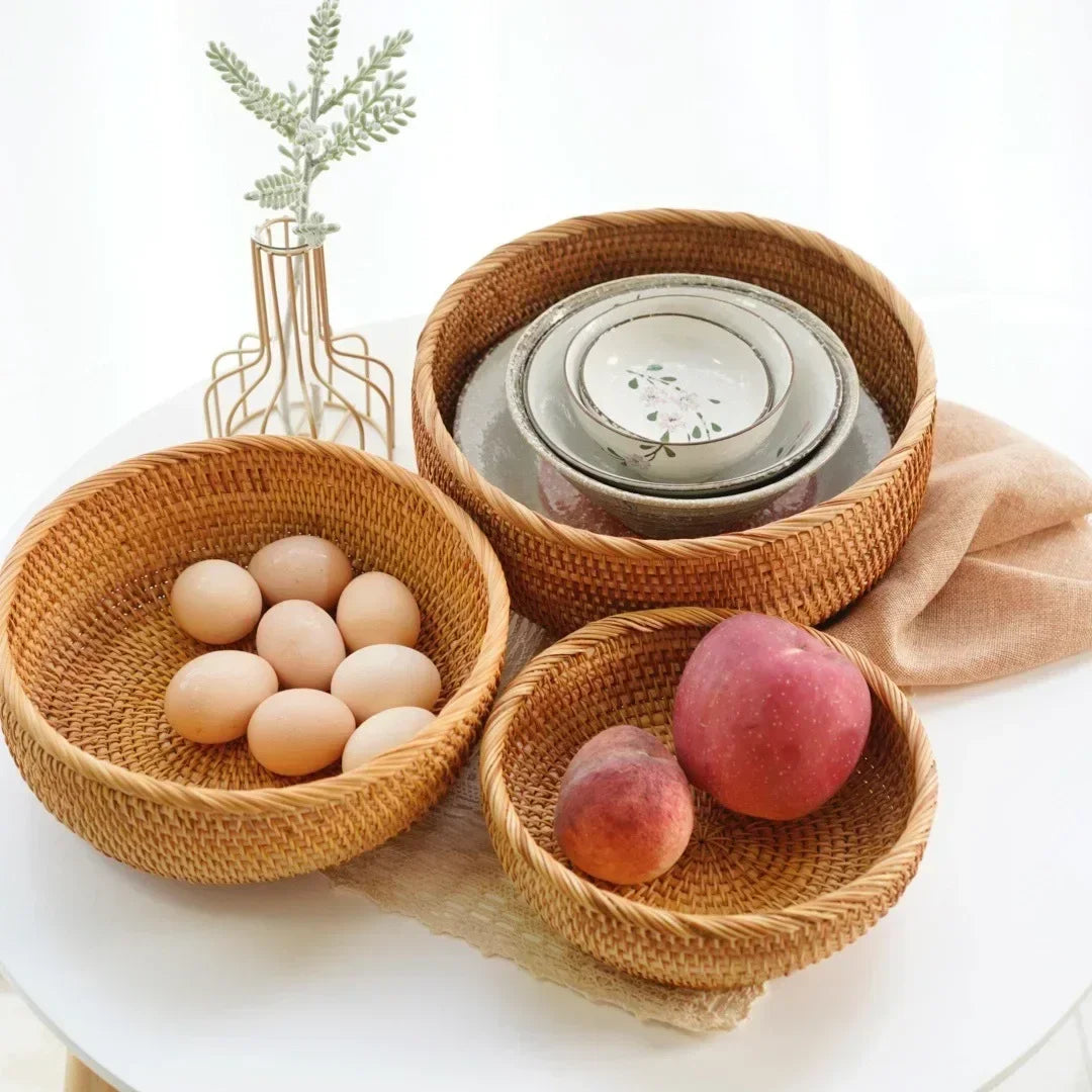 paniers rangement rotin naturel tissage traditionnel rangement fruits gâteaux opacité respectueux environnement pliables