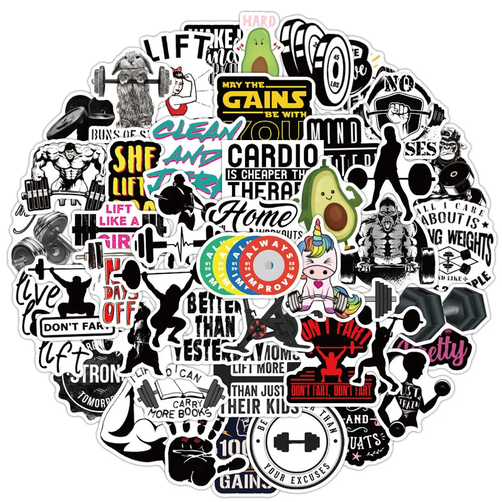 stickers motivation sportifs humoristiques colorés adhésifs modernes textuels graphiques gym téléphone bouteille d'eau