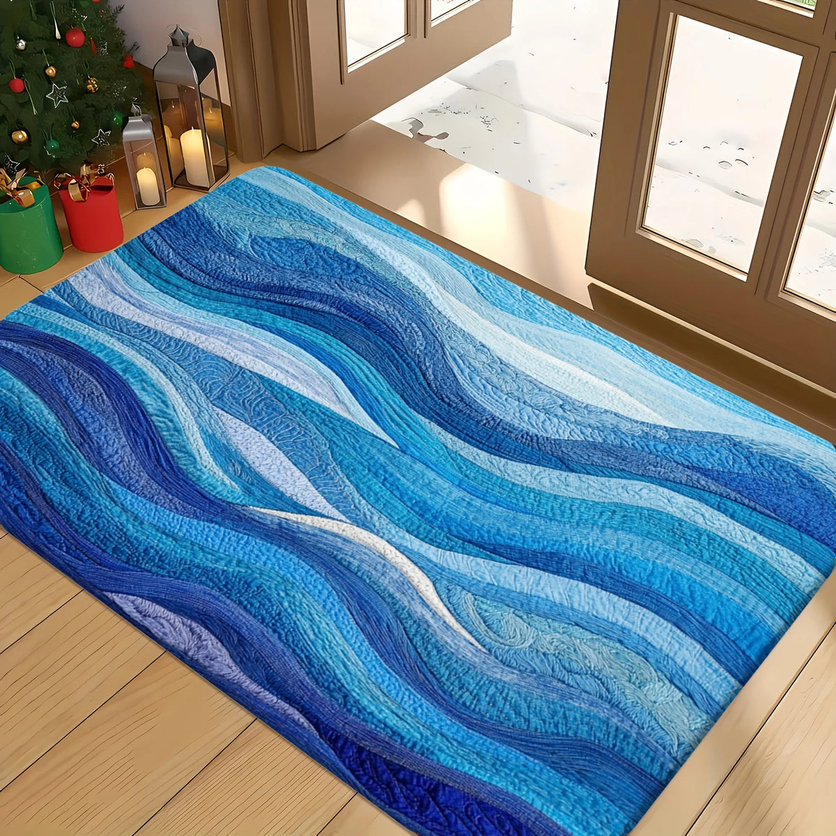 tapis moderne bleu rayures ondulées imperméable antidérapant bain entrée salon extérieur