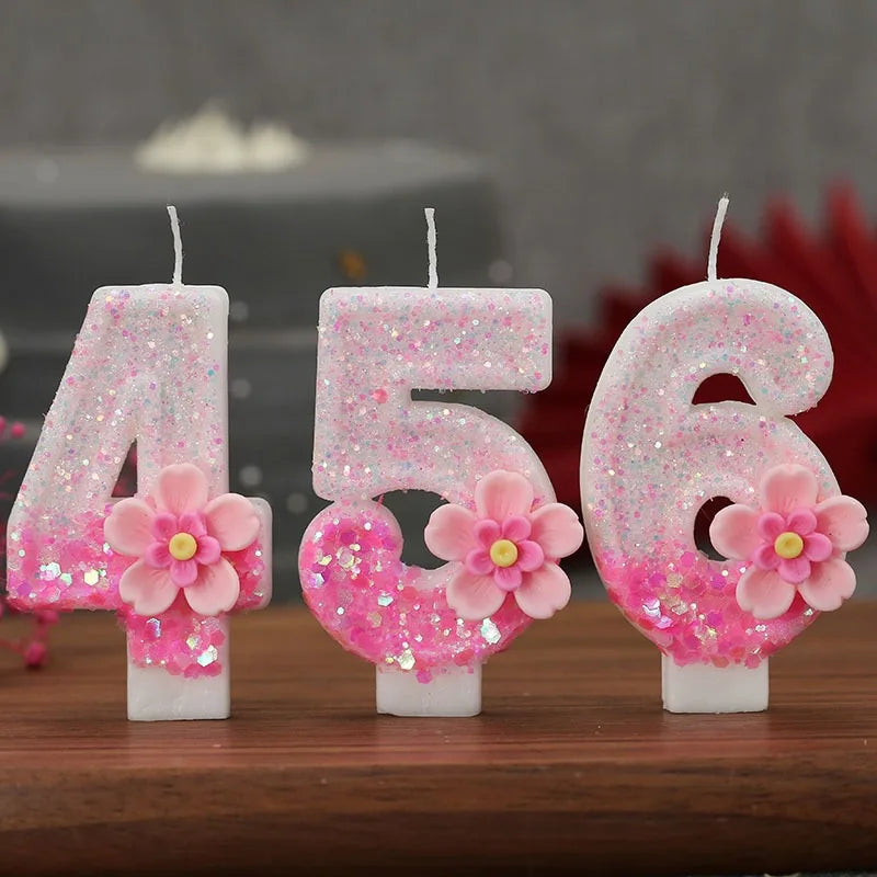 bougies numériques chiffrage blanc rose pailletées fleurs relief anniversaire décoration gâteau festif