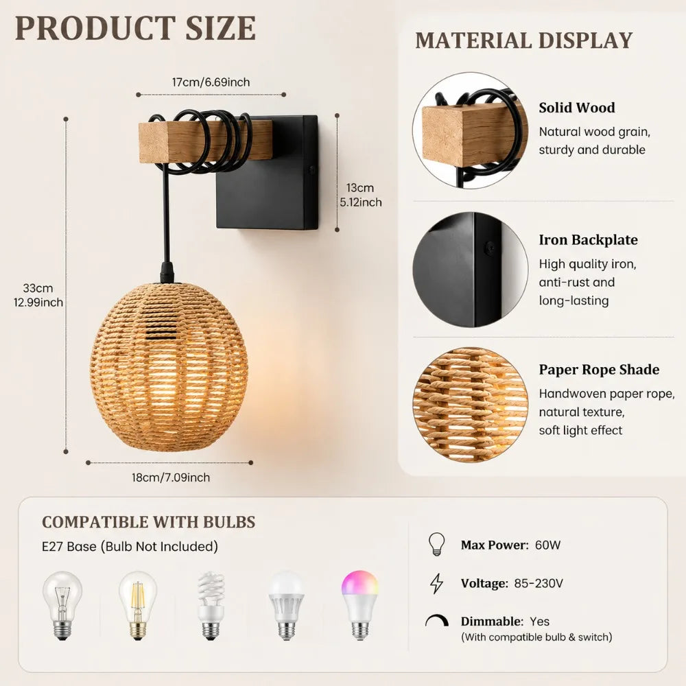 lampe murale moderne rustique marron clair corde bambou tissée plaque fixation câble noir 17cm