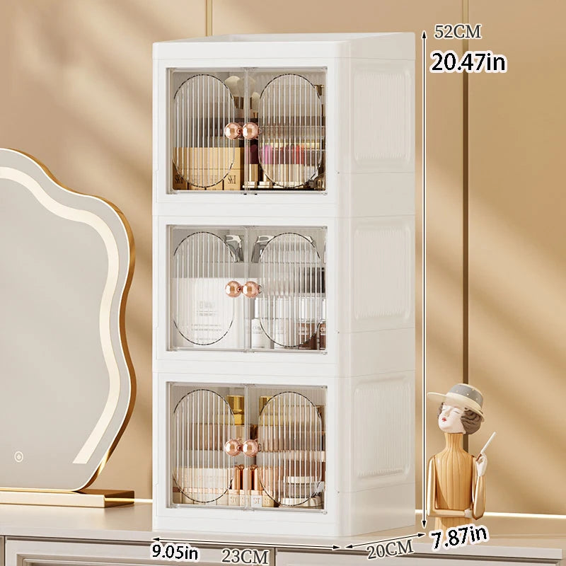 boîte rangement cosmétique tiroirs plastique moderne beige clair panneaux verticaux transparents organisation salon chambre