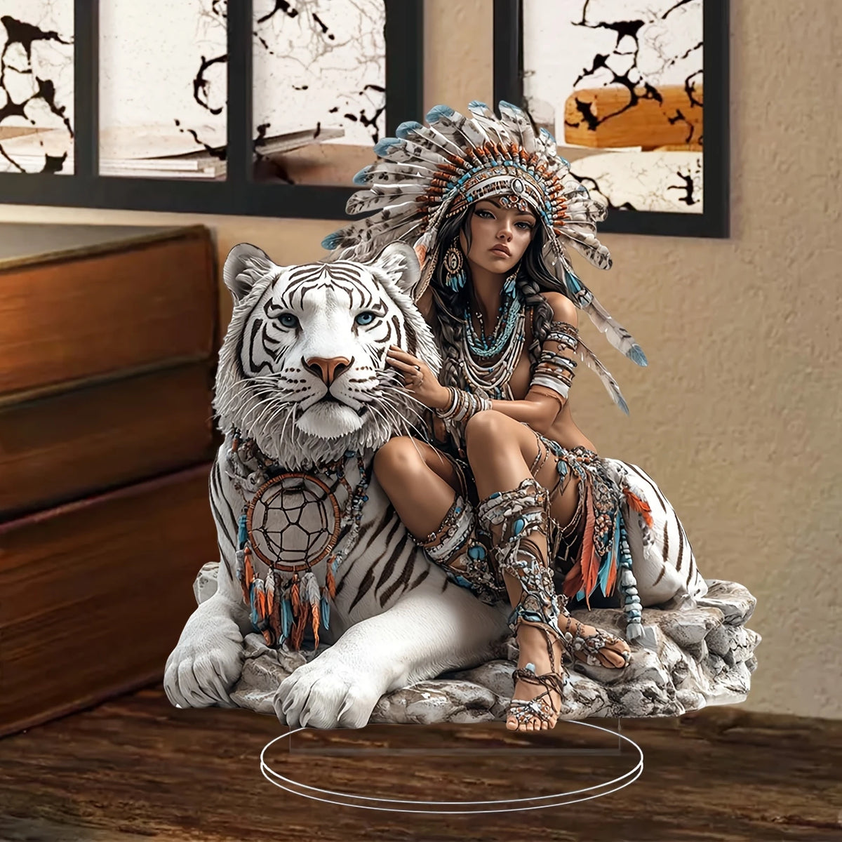 statue artisanale ethnique femme tribale blanc gris bleu orange adhésif base transparente
