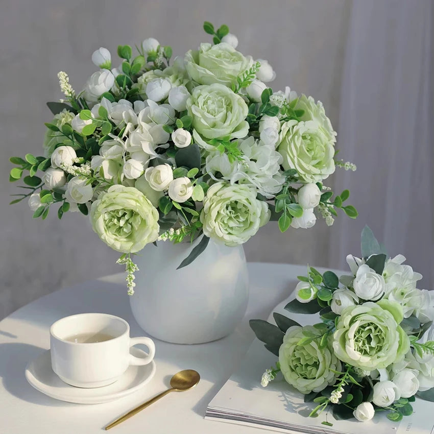bouquets fleurs artificielles pivoine roses hortensias vases décor maison anniversaire mariage