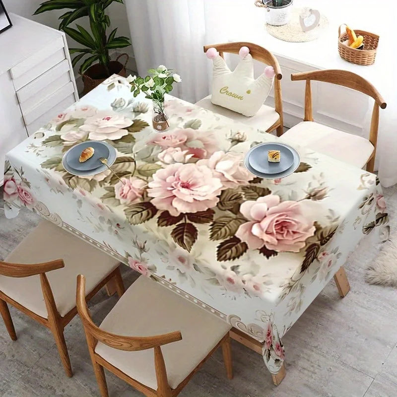 nappe table fleurs roses feuilles vertes blanc classique réutilisable polyester maison printemps