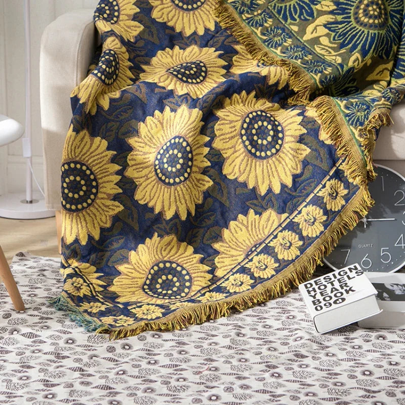 couverture coton tournesol bleu vintage portable anti boulochage printemps automne pique nique maison